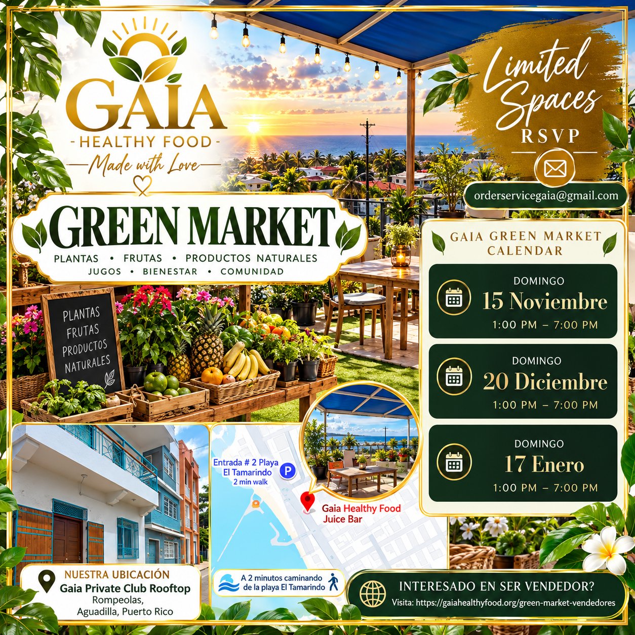 Afiche Gaia Rooftop Green Market — Plantas, Frutas, Productos Naturales, Jugos, Bienestar, Comunidad. Calendario: domingo 15 de noviembre, domingo 20 de diciembre, domingo 17 de enero, 1:00 PM a 7:00 PM. Gaia Private Club Rooftop, Rompeolas, Aguadilla.