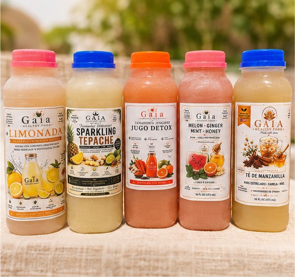 Limonada, Sparkling Tepache, Jugo Detox, Melón y Té de Manzanilla de GAIA